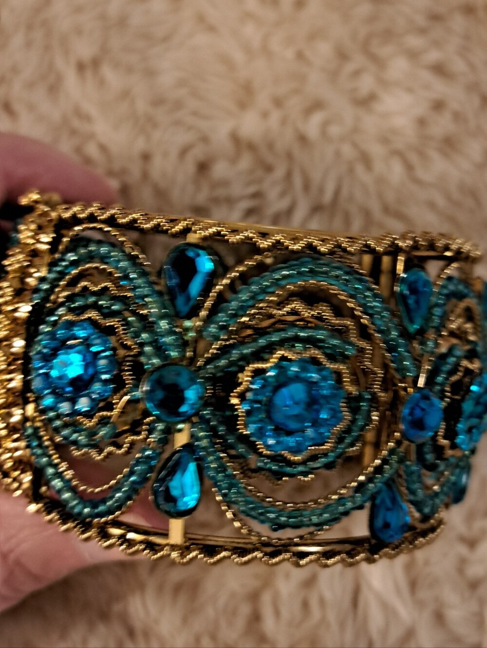 Beautiful Gold Tone and Teal Crystal Wide Cuff Bracelet - Women Jewelry